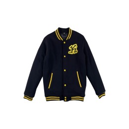 Mass customization of black baseball jacket, yellow contrast embroidered LOGO, contrast flat machine, yellow snap button design Z662 Mass customization of black baseball jacket, yellow contrast embroidered LOGO, contrast flat machine, yellow snap button design Z662